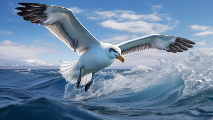 Close-up of a lone albatross gliding over Antarctic waves