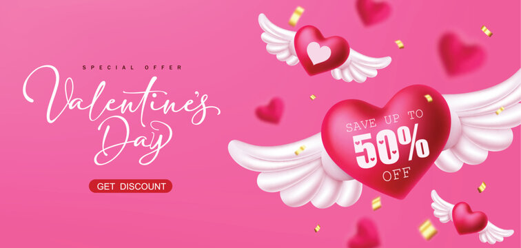 Valentine's day sale text vector banner. Happy valentine's day special offer discount with hearts balloon flying promo for shopping holiday season design. Vector illustration hearts day advertisement.