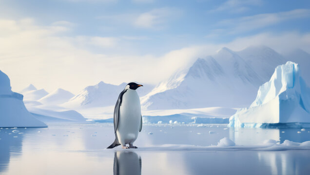 Close-up of a penguin walking alone on a glacier in Antarctica looking for a companion