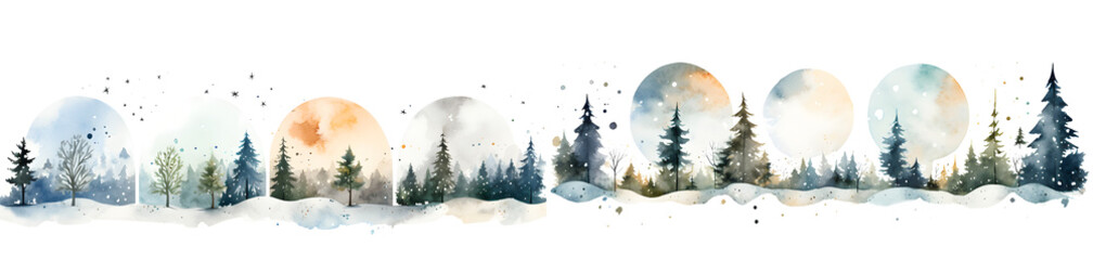Set of watercolor winter nature, pine trees in the snow and spruce trees in the fog