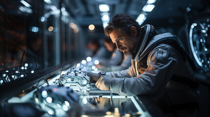 Technician working on a microcircuit in a modern factory.