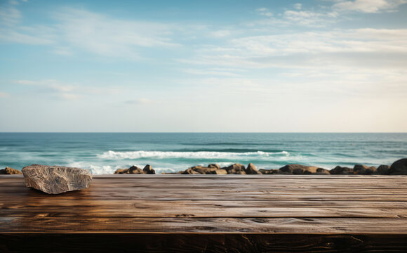 Wooden table, sunset and beach landscape with mock up or travel. Tropical paradise, dream vacation or island holiday, Background, summer wallpaper and relax in nature, sun and blue sea waves