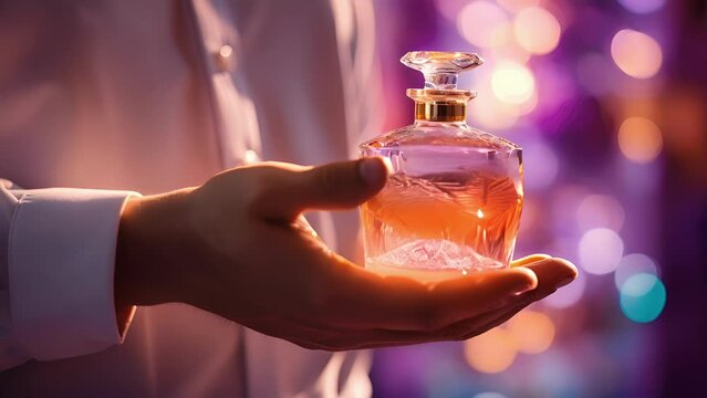 The perfumer holding up a finished bottle of highend perfume with a warm shining background that brings out the vibrant colors of