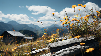 Mountain cabin - yellow flowers - low angle view - worm’s eye view