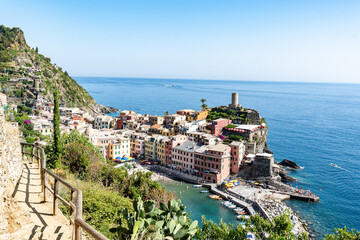 View of Vernazza, one of the small fishing villages of Cinque Terre, italy. A little beautiful town on a coast