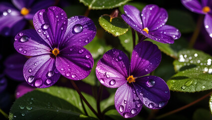 purple flower in the garden,
Purple and yellow flower with water droplets,