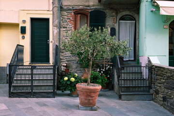 Fototapeta na wymiar Front of the buildings in residential neighborhood of italian town.