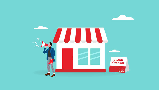 grand opening illustration with the concept of an entrepreneur opening a new shop while promoting his shop, open store in new location concept, businessman start small business or retail shop