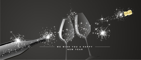 Happy New Year 2024 eve white firework shape two champagne glasses with sparkler firework wine open champagne bottle black background greeting card - obrazy, fototapety, plakaty