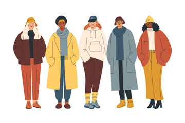 Group of modern women wearing trendy winter clothes. Casual city street fashion outfits. Hand drawn characters colorful vector illustration