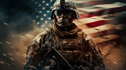 Soldier in front of an American flag, conveying the idea of patriotism and military service. The soldier wears a helmet and tactical gear and holds a rifle - obrazy, fototapety, plakaty
