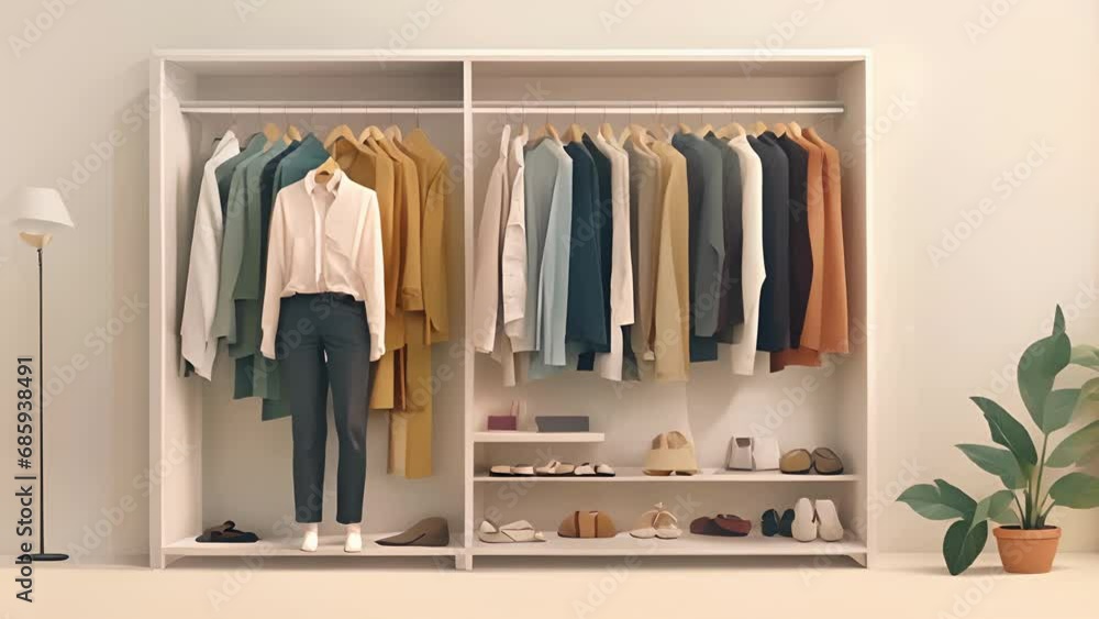 Poster minimal flat motion of a person standing in front of a closet with only a few carefully selected and