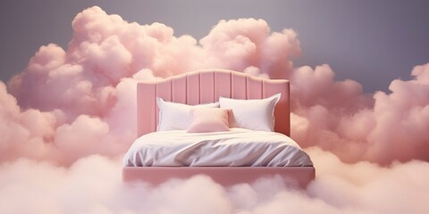 A pink mattress among the clouds. The bed stands in a pink fluffy cloud in the sky.. Mattress advertising concept and sweet dreams - obrazy, fototapety, plakaty
