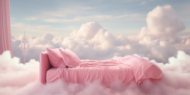 A pink mattress among the clouds. The bed stands in a pink fluffy cloud in the sky.. Mattress advertising concept and sweet dreams