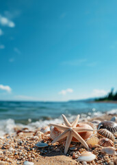Fototapeta na wymiar Closeup, flower and beach starfish for travel, mock up and space in tropical, holiday and paradise on dream vacation. Background, summer wallpaper and relax in nature, island and blue sea waves