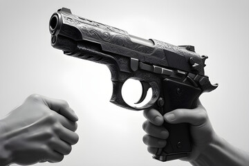 hand with a gun, a weapon firmly clasped within its grip poised against an immaculate white backdrop.