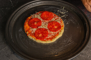 Portrait of homemade and delicious pizza, rustic traditional and crispy.