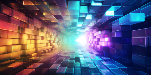  Neon light corridor futuristic room with vibrant lighting on black background .abstract background with squares.AI Generative 