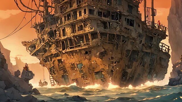 bottom sea, rusty shipwreck sits rocky coral formations. Inside, eerie light filtering through broken windows reveals haunting presence vengeful sirens, their enchanting 2d animation