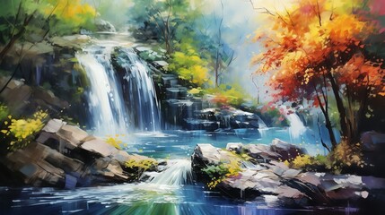Fototapeta na wymiar waterfall in the forest watercolor painting for wall art background wallpaper