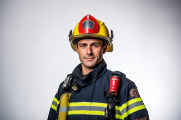 Fototapeta premium fire fighter self portrait with equipment on white background