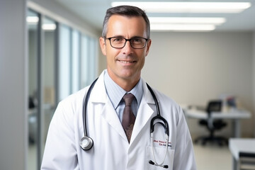 doctor taking self portrait on blurred ward background