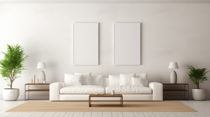 Living room, chair and home interior design with blank frame for apartment design and lifestyle. Cozy, modern or luxury furniture mockup space for text or print for ideas and architecture inspiration