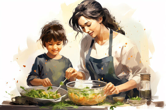 Illustration of a mother cooking with her kid, light background