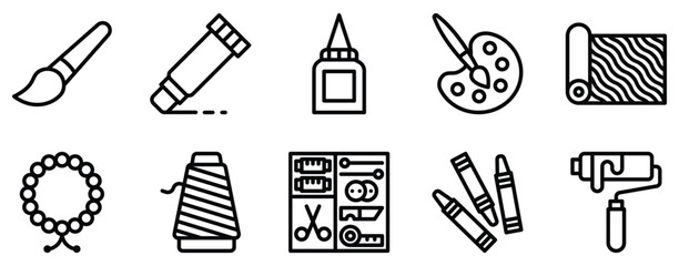 art and craft supplies line style icon set collection