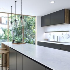 Modern Contemporary kitchen room interior .white and wood material. Kitchen with island, decor with...