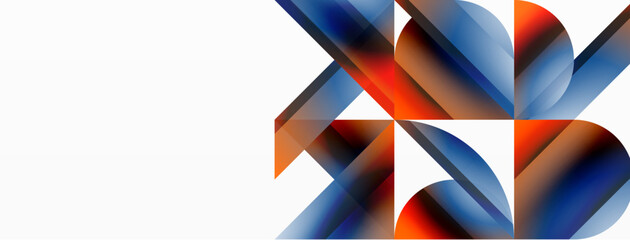 Vibrant color triangles and circles on white background intertwine to create captivating and harmoniously balanced composition for digital designs, presentations, website banners, social media posts