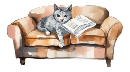 Watercolor hand-painted style on white background of a cat sitting on a sofa with newspaper on the side