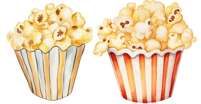 Watercolor hand painted style tasty popcorn on white background