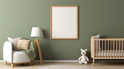 Baby room, bed and home interior design with blank frame for apartment poster, picture and decoration. Cozy, modern and furniture mockup space for text, print and ideas for architecture inspiration