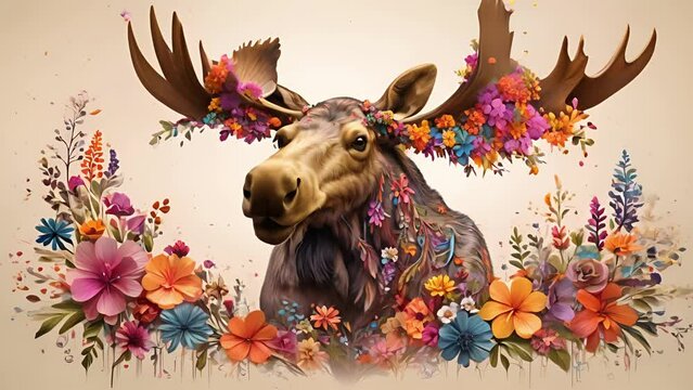 An artistic depiction of a moose made of colorful flowers, representing its gentle and peaceful nature. .