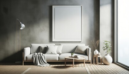 Mockup frame in Scandinavian living room with blank poster frame.