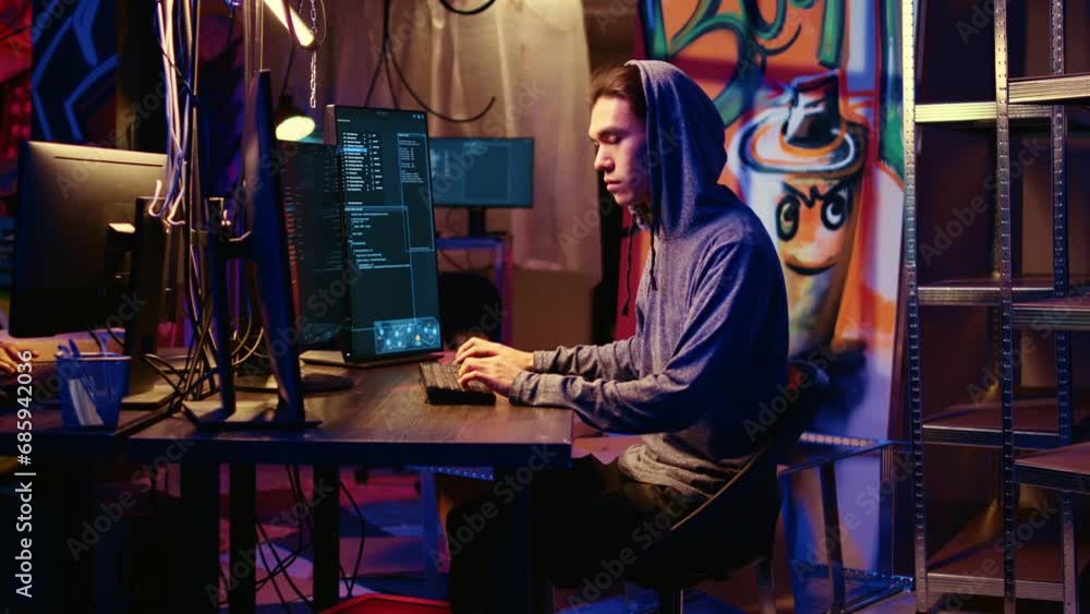 Poster portrait of asian hacker running code in graffiti painted basement, looking to find exploits for sys
