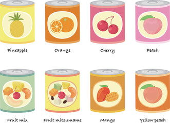 A simple vector illustration of 8 types of canned fruits.