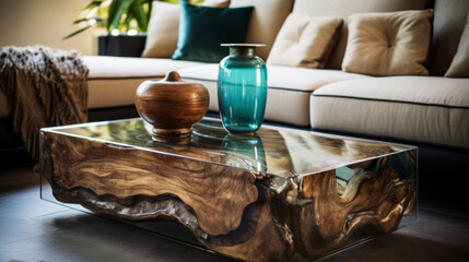 Fototapeta na wymiar Furniture, designer and modern coffee table made of glass in living room for apartment, hotel and home. Creative, innovation and lifestyle mockup with texture for luxury, stylish and decorative ideas