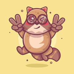 funny raccoon character mascot with peace sign hand gesture isolated cartoon 