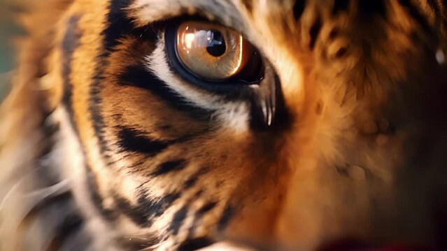 Closeup of the mesmerizing, unblinking stare of a tiger, its amber eyes reflecting a mix of strength and intelligence.