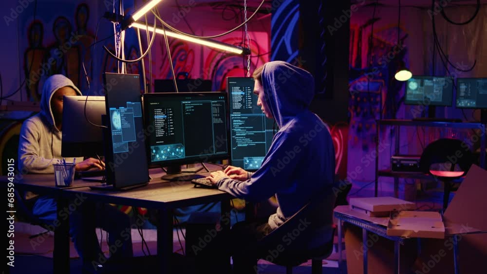 Poster skilled hacker group members deploying malware on unaware victims computers, stealing sensitive and 