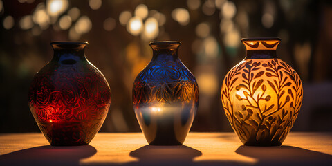 Table Decor on a Dark Evening.Enchanting Diwali: Decorative Glass in the Spotlight.AI Generative 