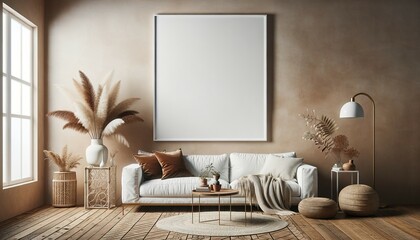 Mockup poster frame in interior scandinavian-boho style living room
