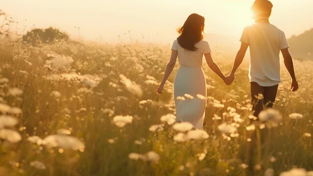 A South Korean couple walks hand in hand through a vibrant field of wildflowers their faces illuminated by the suns soft light. They share a look of contentment as the wind gently