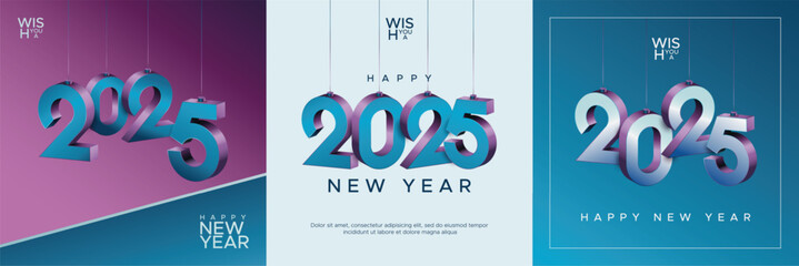 Happy new year 2025 with 3D hanging number. Modern design and style for 2025 new year celebration