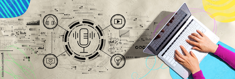 Poster podcast theme with person using a laptop computer