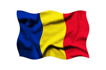 The flag of Romania waving in the wind isolated on a transparent background. 3d rendering. Clipping path included