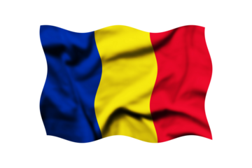 The flag of Romania waving in the wind isolated on a transparent background. 3d rendering. Clipping path included