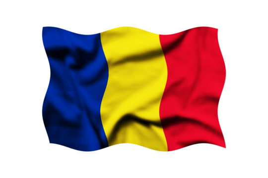The flag of Romania waving in the wind isolated on a transparent background. 3d rendering. Clipping path included - Powered by Adobe